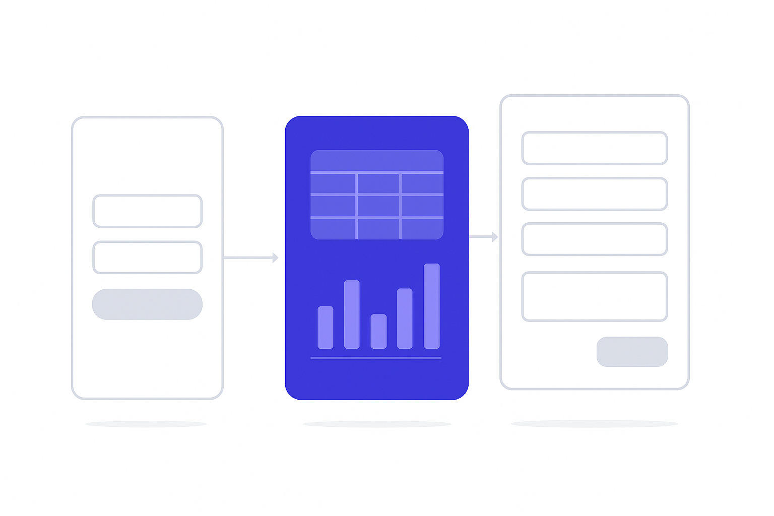 Three minimalist app prototype screens (login, dashboard, form) connected by a build flow, one highlighted in indigo