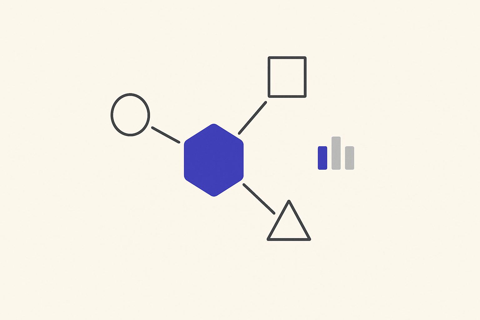 Minimalist illustration of an AI agent core node connected to tool nodes beside a small ranked scorecard