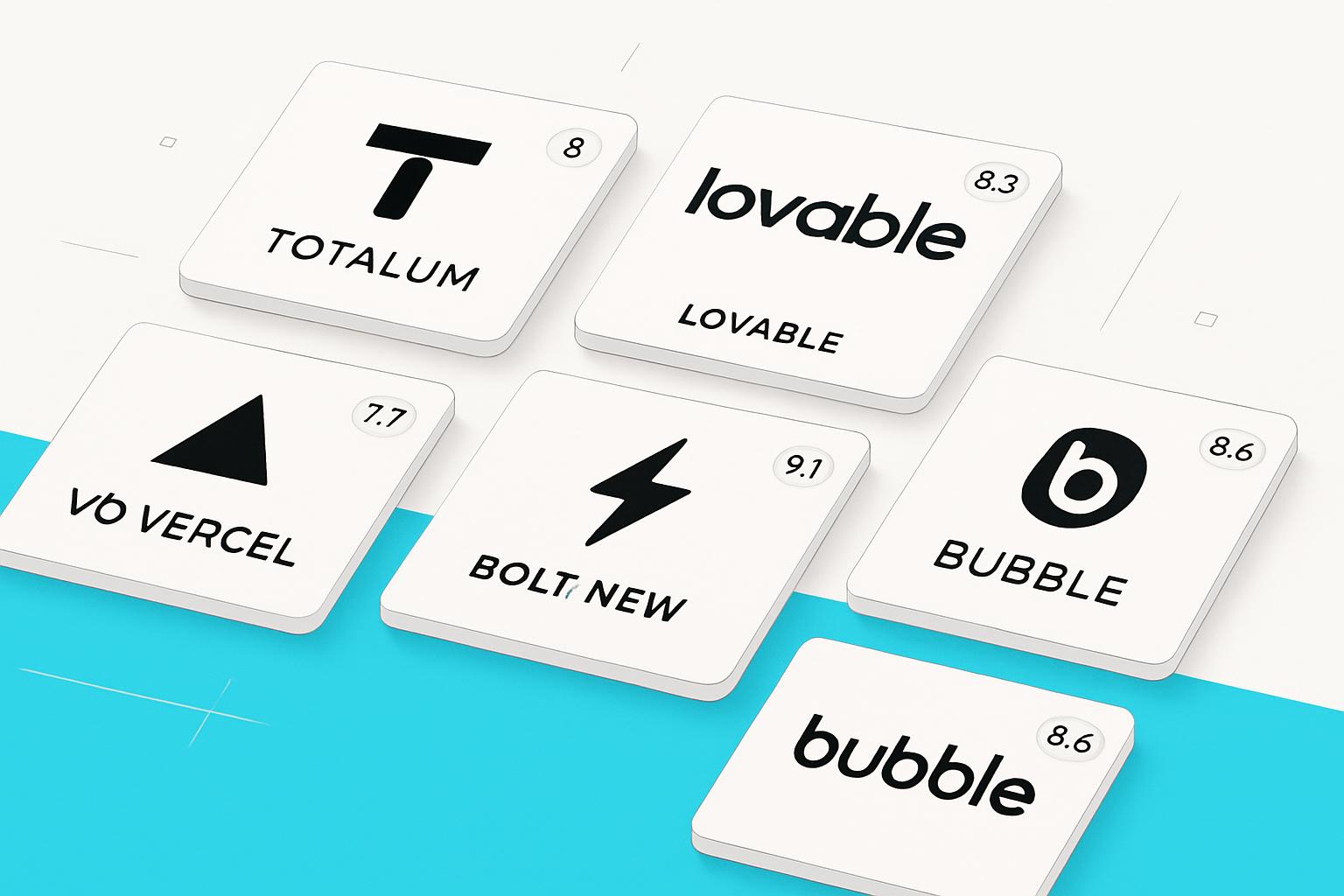 Builderdex marketing agency AI app builder scorecard hero image with six builder logos on a cyan accent layout