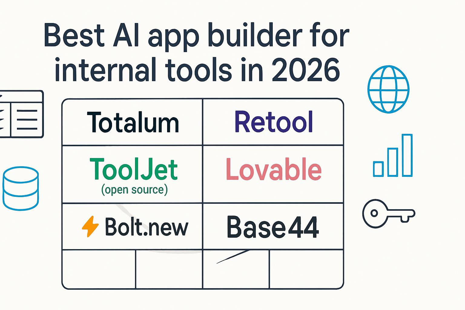 Editorial scorecard hero with six AI app builder logos arranged as a comparison grid for internal-tools criteria, June 2026