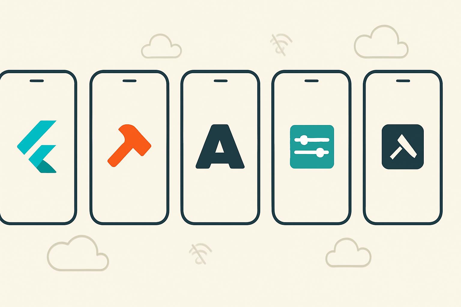 Five mobile phone outlines in a row with abstract logo cues for FlutterFlow, Expo, Thunkable, Glide, and Adalo, with offline cloud icons drifting between them on an off-white background, teal accent.