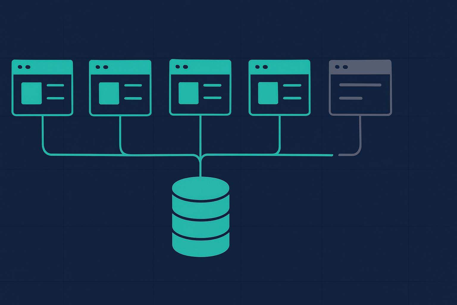 Five AI app builders wired to a shared PostgreSQL database, one without a database connection, minimalist illustration