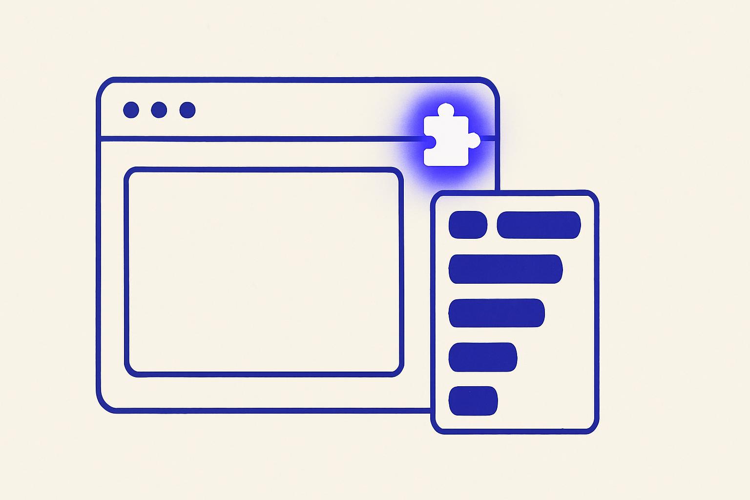 Minimalist comparator hero: a browser window with an extension puzzle icon beside a five-tile ranking grid, deep indigo accent.