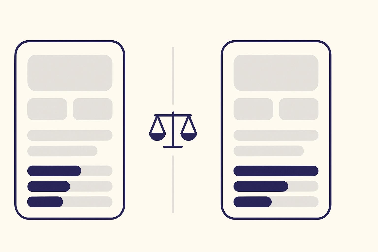 Two AI app builder dashboards facing each other across a balanced scale, minimalist indigo illustration