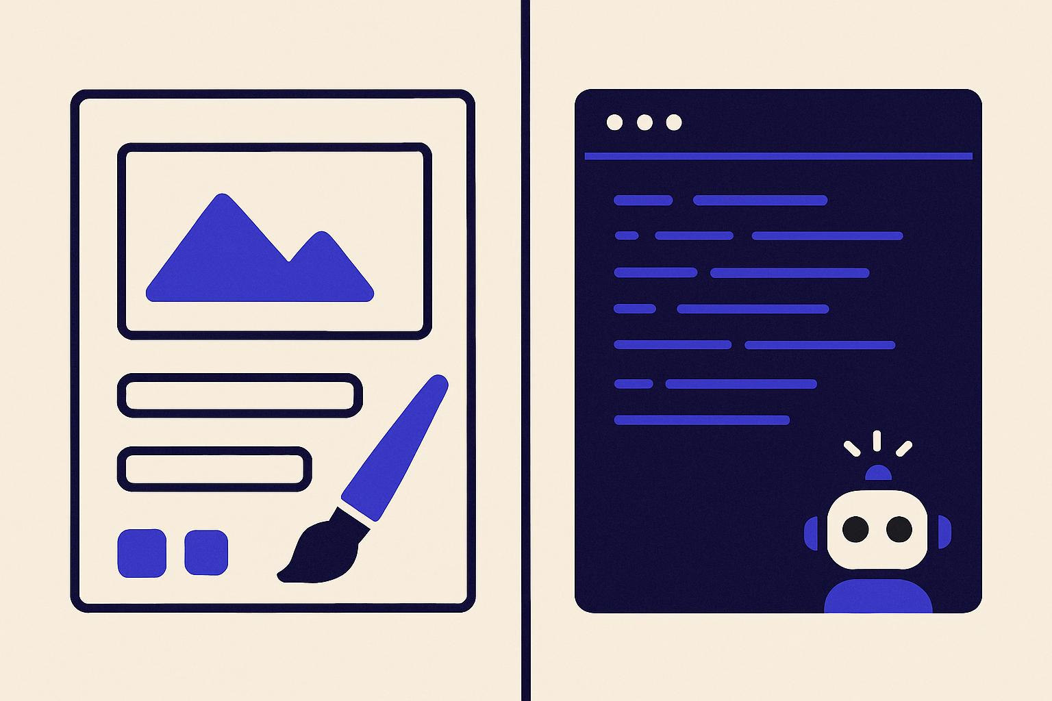 Split minimalist illustration: a design canvas with a paintbrush on the left, a code editor with an AI agent on the right, indigo on off-white