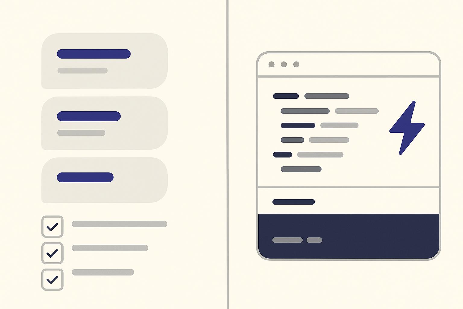 Split illustration: a guided plan-and-checklist panel beside a browser code editor with a lightning bolt, representing Lovable's plan-first generation versus Bolt's fast browser IDE.