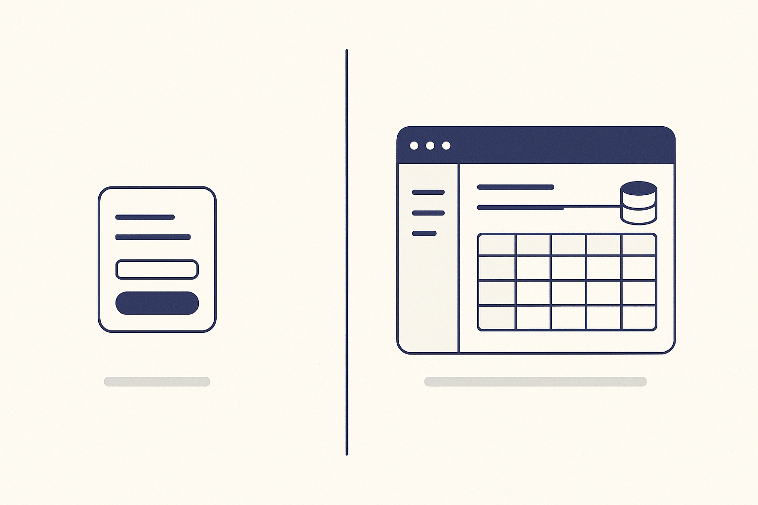 Split editorial illustration: an isolated UI component card beside a full application window with a sidebar and a connected database, representing v0's component-and-code output versus Lovable's complete running app.
