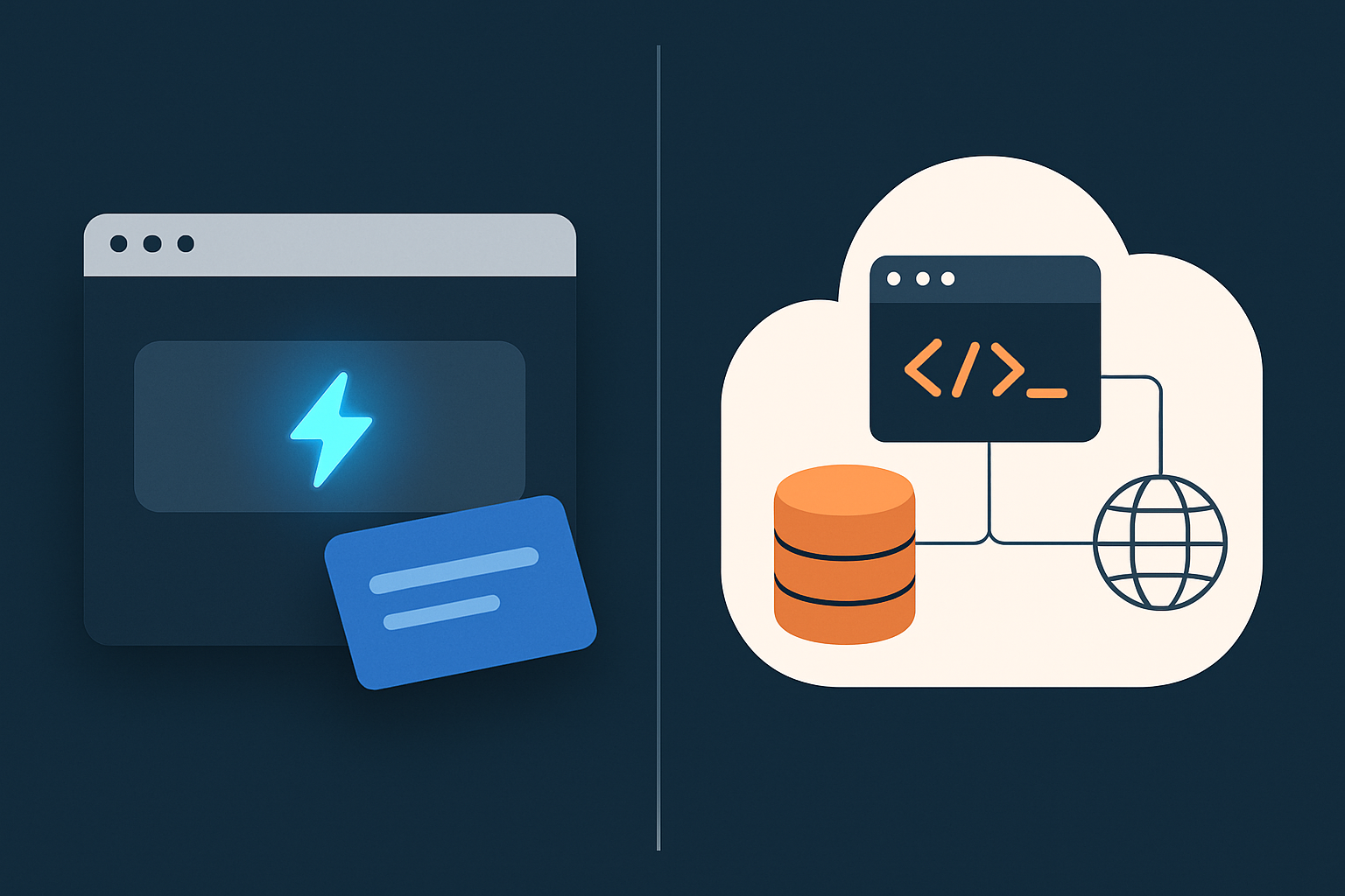 Split editorial illustration: a browser window with a lightning-bolt prompt producing a live app preview on the left, versus a cloud development workspace with a code editor, database, and deploy node on the right, representing Bolt versus Replit.