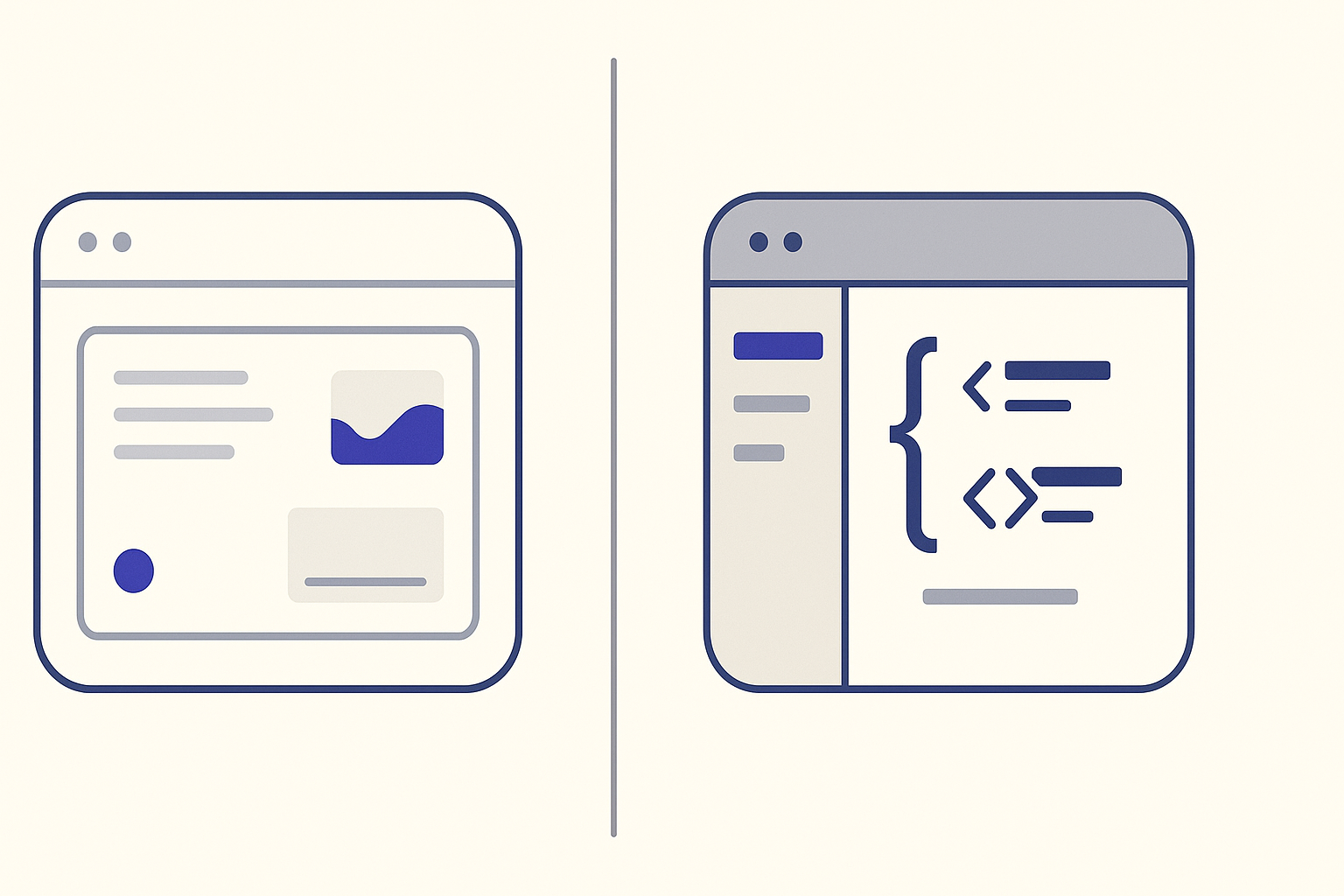 Split editorial illustration: a managed app dashboard card with a live status dot on the left, versus a browser-based code editor with a file tree on the right, representing Base44 versus Bolt.