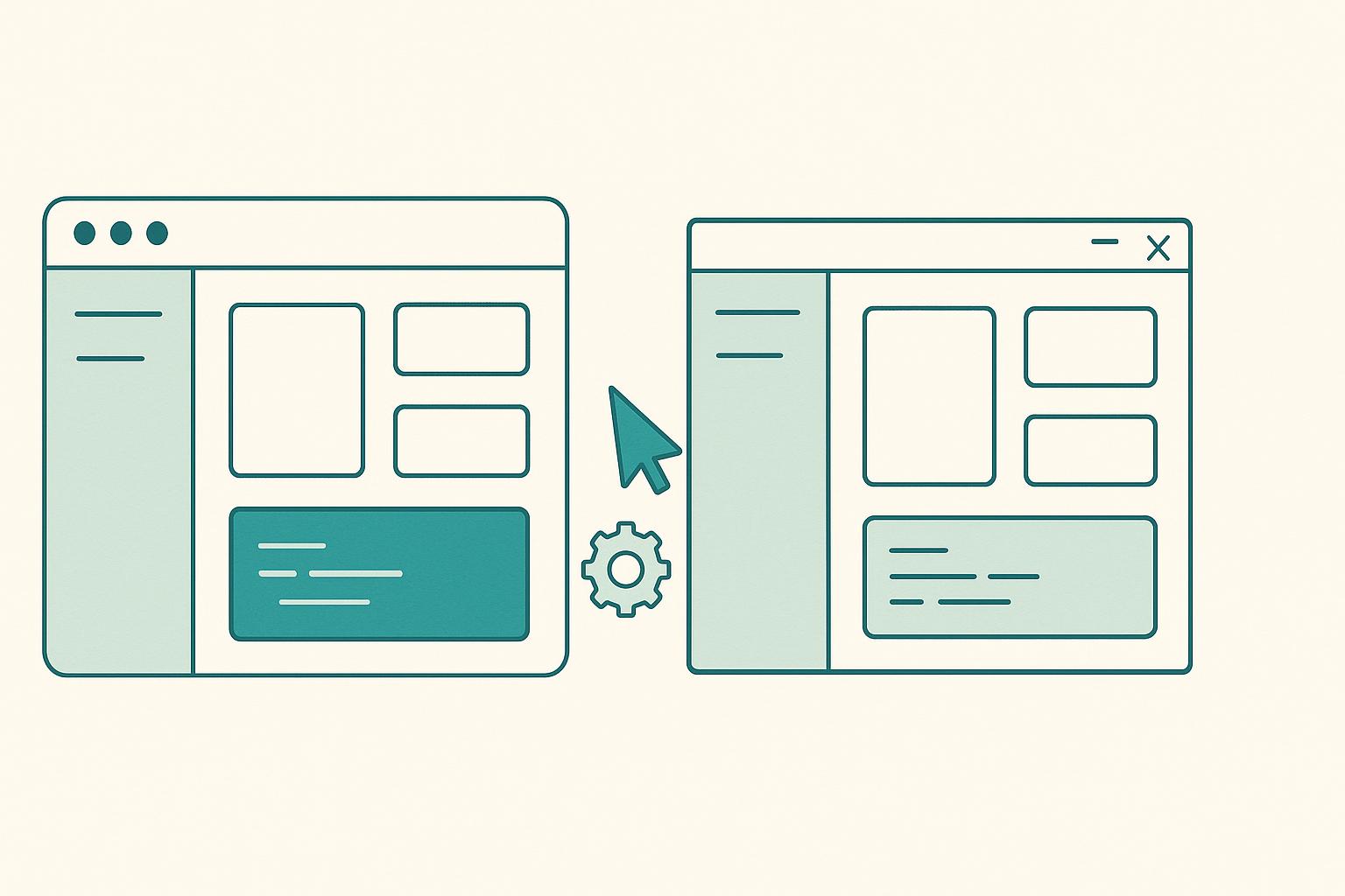 Two desktop application windows side by side, one macOS-style and one Windows-style, on an off-white background with a teal accent, suggesting AI-built desktop apps.