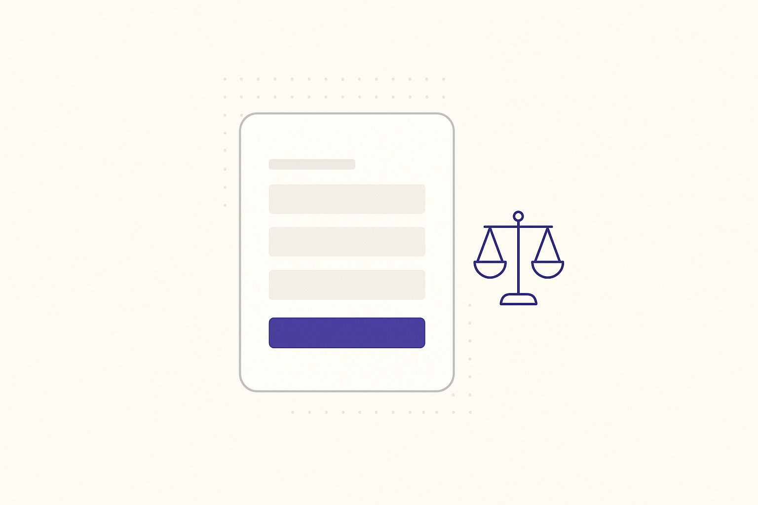 Minimalist illustration of an AI app-builder canvas showing a client-intake form, with a balance-scale legal cue, indigo accent on off-white