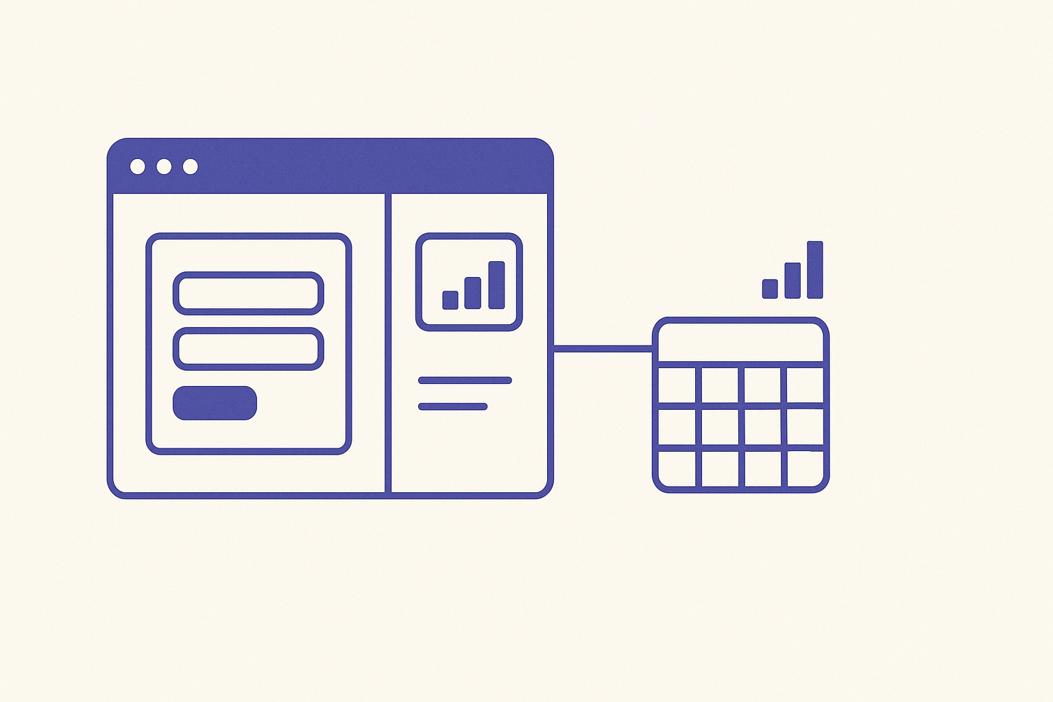 Minimalist illustration of an AI app-builder canvas with a client form and dashboard connected to a ledger spreadsheet grid, indigo on off-white