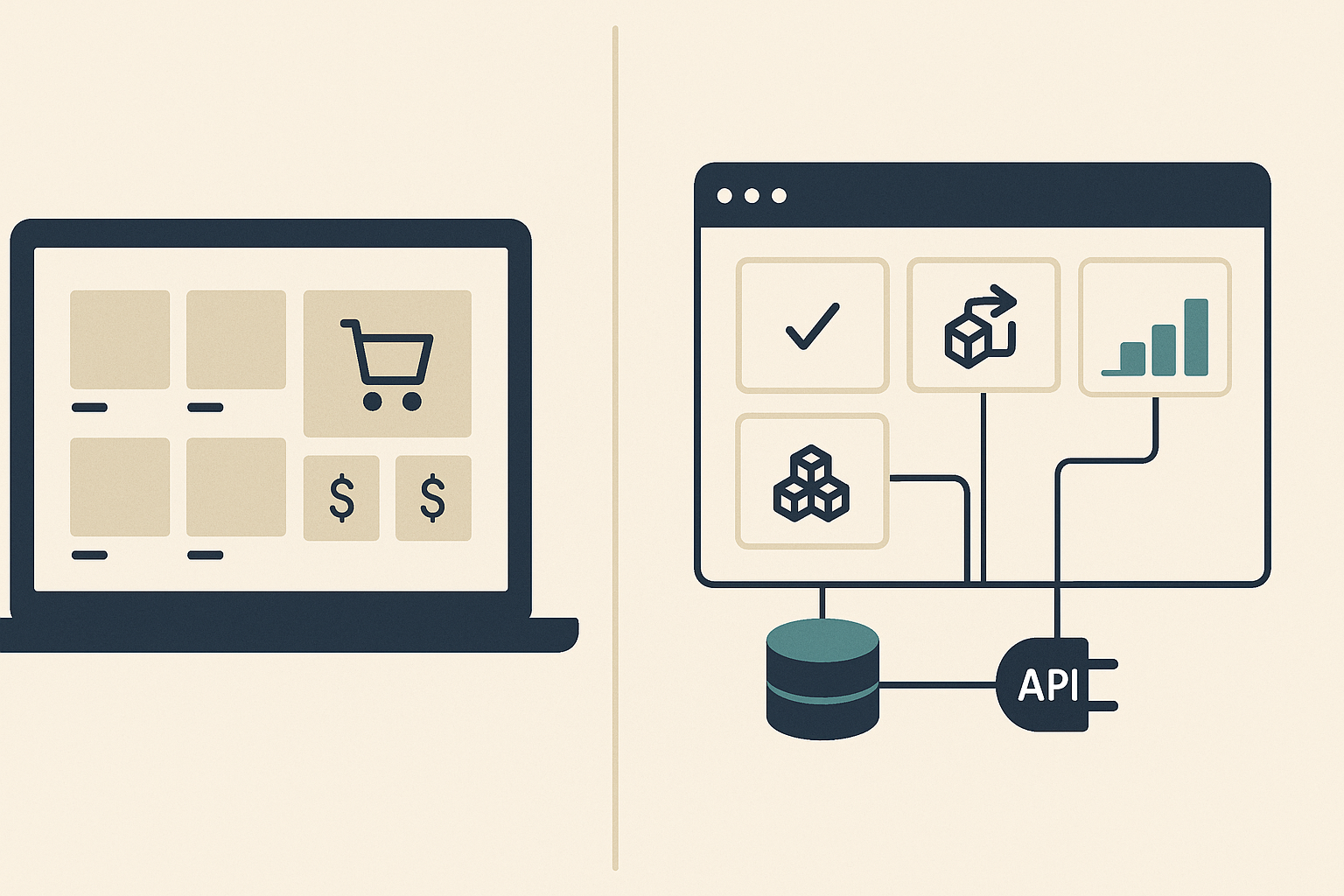 Split illustration contrasting a ready-made ecommerce storefront with a custom internal operations dashboard connected to a database and API