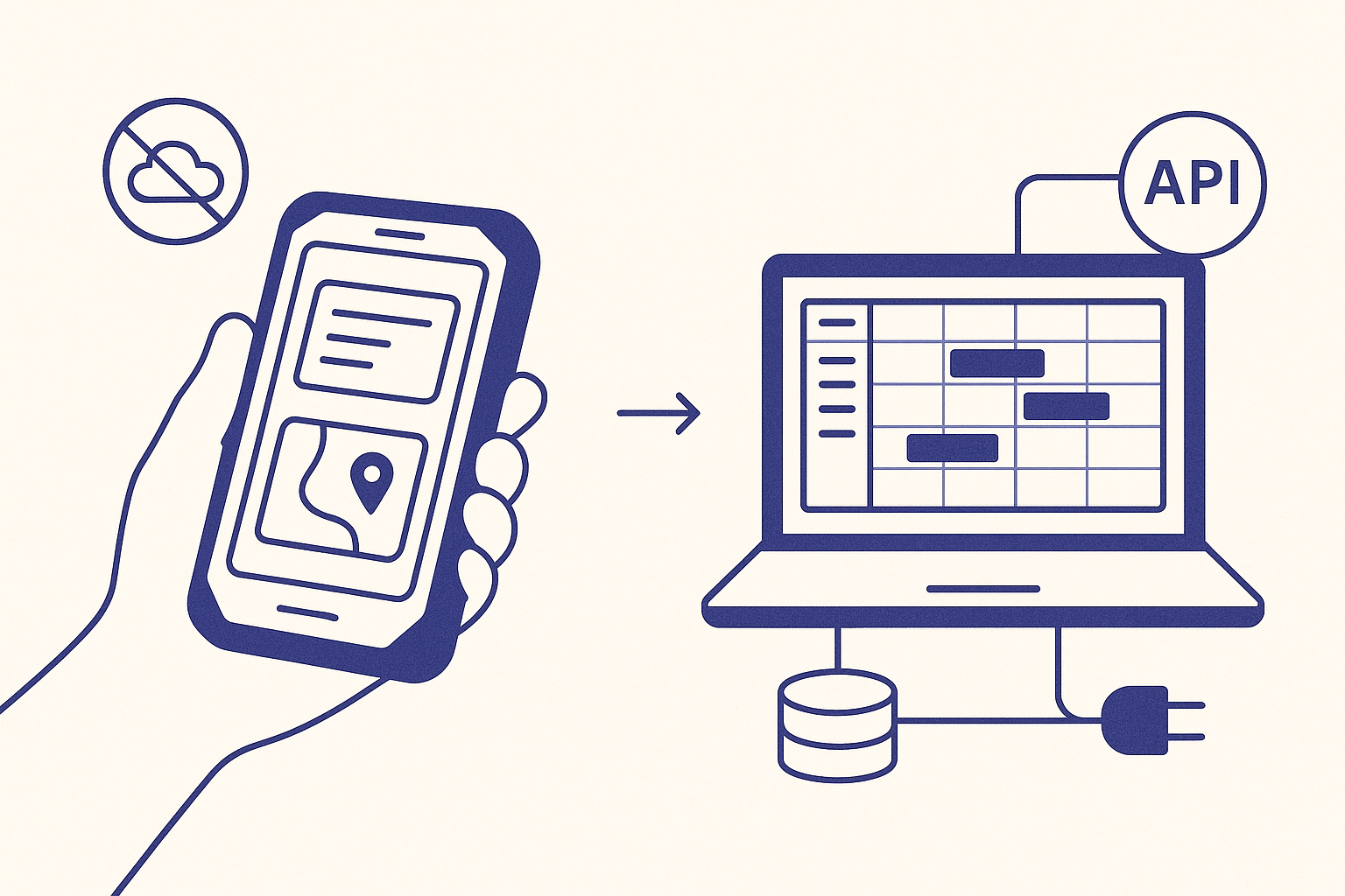 Split flat illustration contrasting a field technician's offline mobile device with a back-office web dashboard connected to a database and API