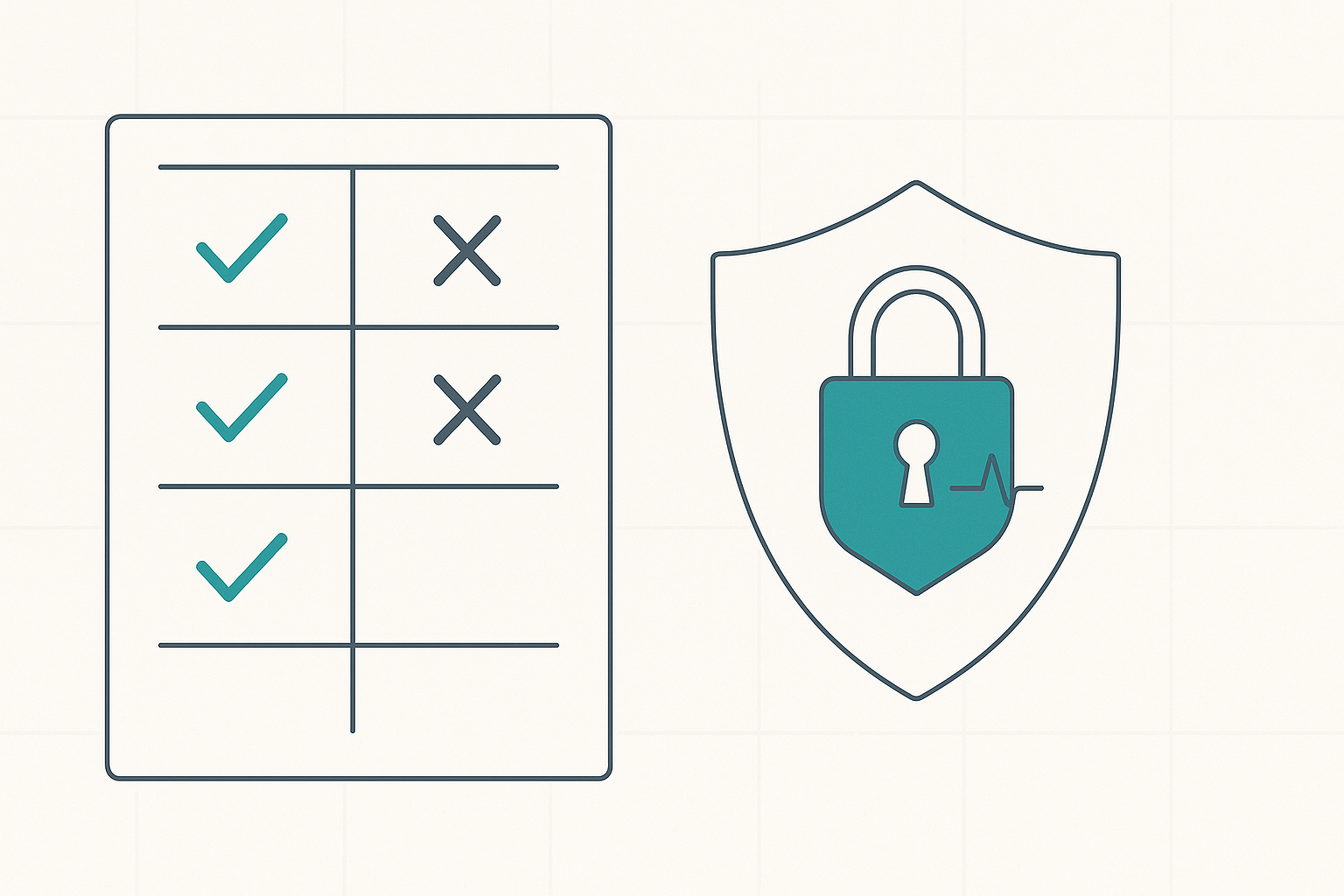 HIPAA-readiness scorecard with check and cross marks beside a shield and lock, representing AI app builder compliance for healthcare clinics
