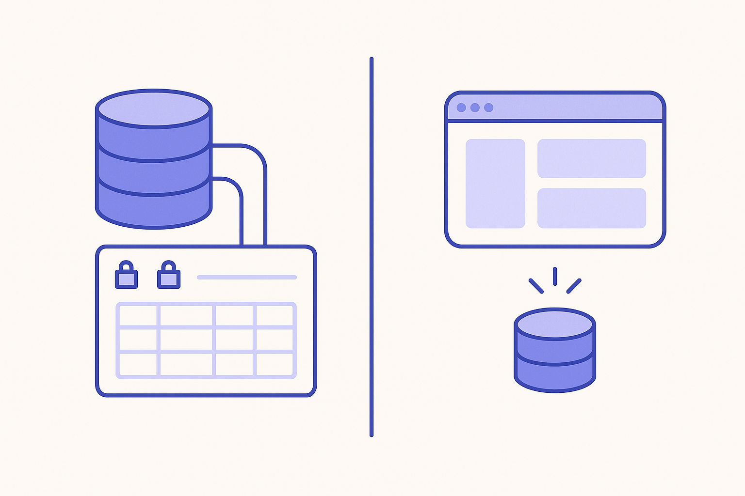 Flat vector diagram comparing an internal tool connected to an existing production database against a freshly generated standalone app