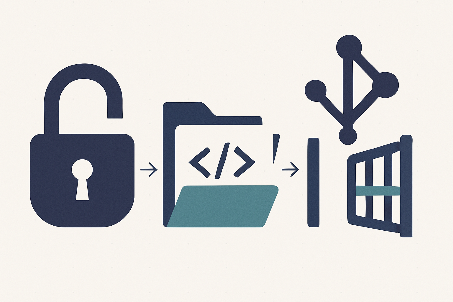Flat illustration of an open padlock becoming a git branch as code files export through an open gate, representing AI app builder code ownership.