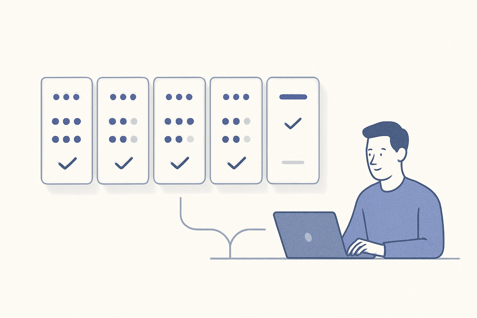 Minimalist comparison scorecard of five AI app builders with a non-technical founder choosing between them