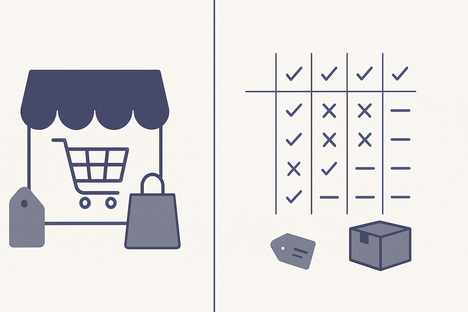 Split scorecard: a storefront on one side and a five-column AI app builder comparison matrix on the other