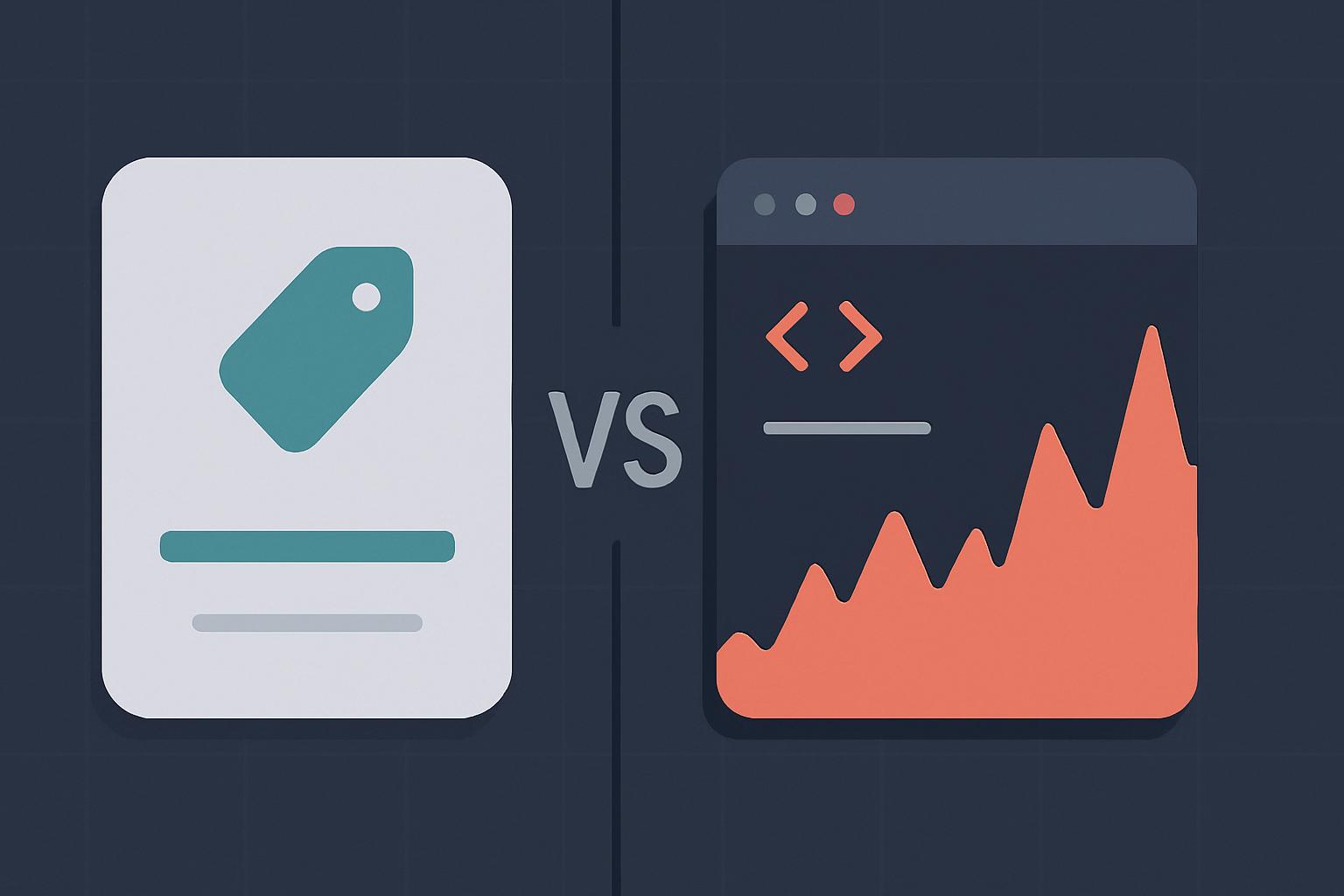 Split-panel comparison illustration: a teal price-tag subscription card beside a dark IDE window with a rising usage meter, representing Base44 versus Replit.