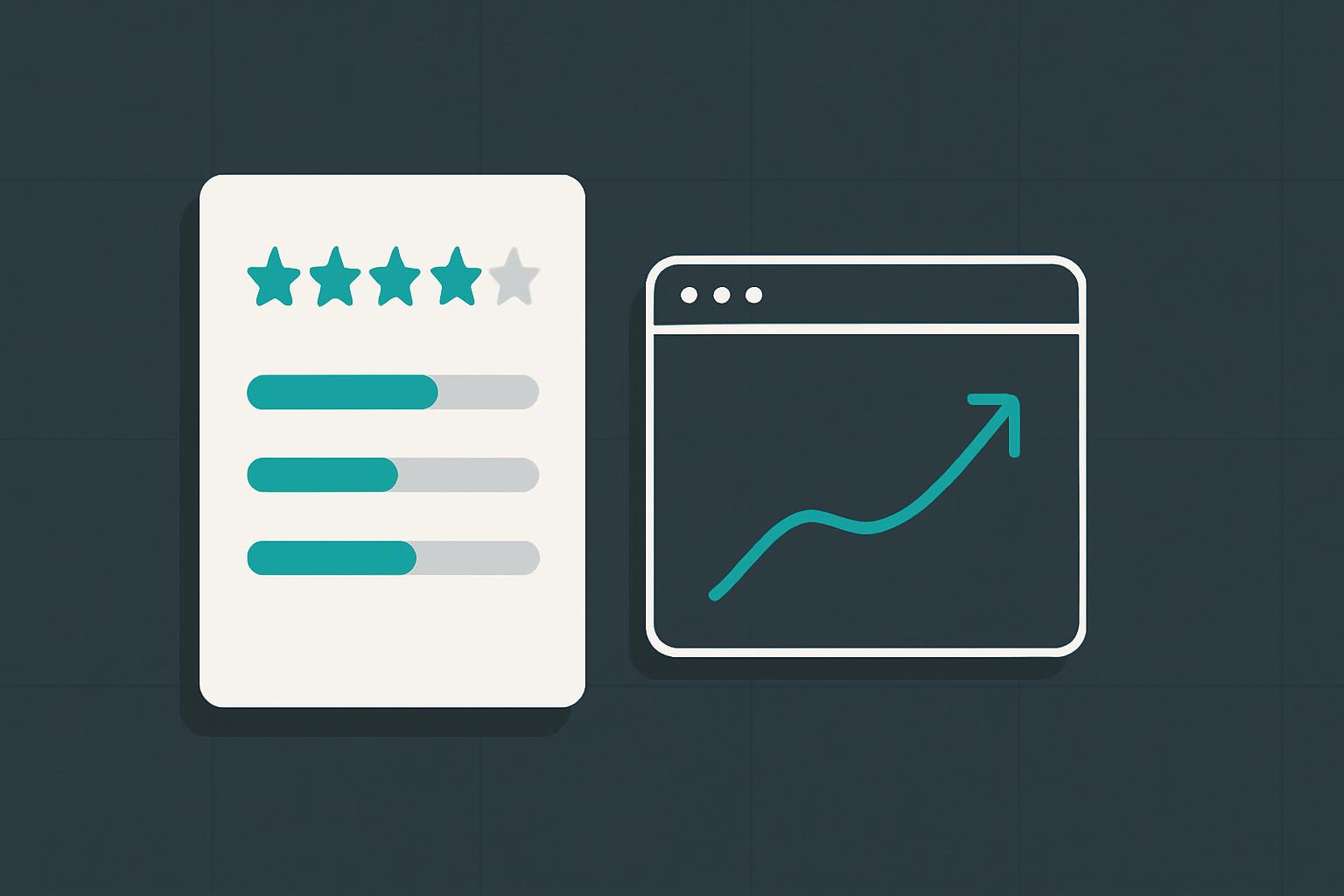 Minimalist illustration of a product review scorecard with a four-of-five star rating and score bars beside an app window showing a rising usage meter.