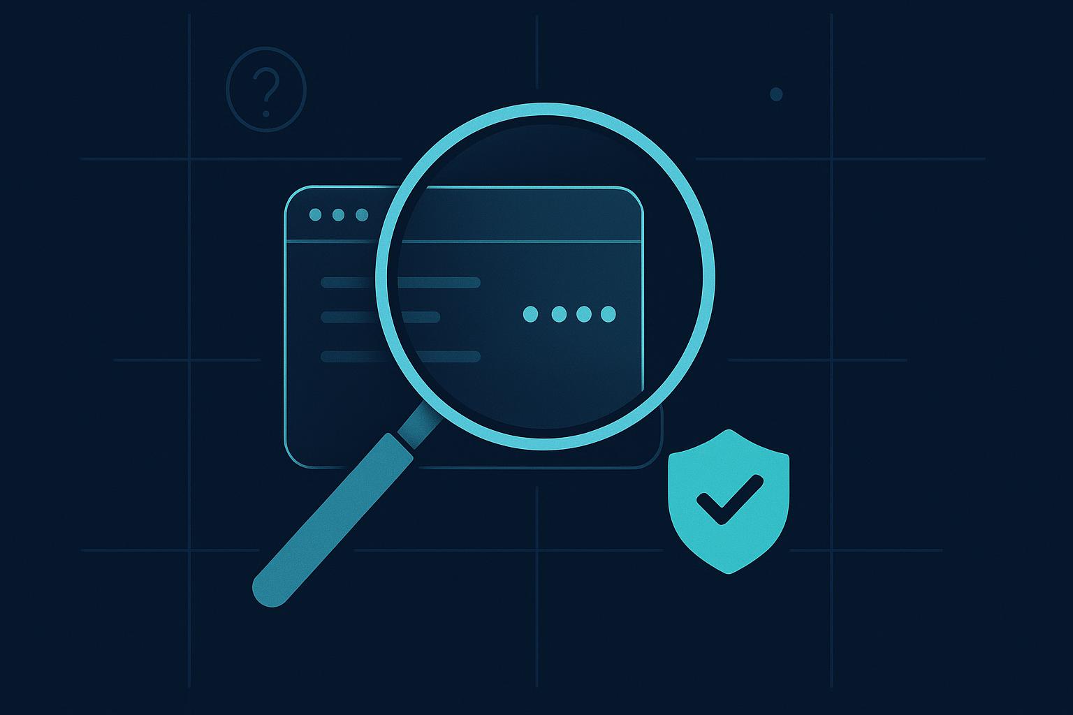 Minimalist illustration of an app-builder window examined under a magnifying glass beside a verification checkmark shield, signalling an honest trust audit.