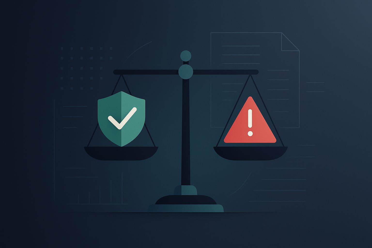 A balance scale weighing a green verified shield against a red warning triangle, representing an honest legitimacy audit