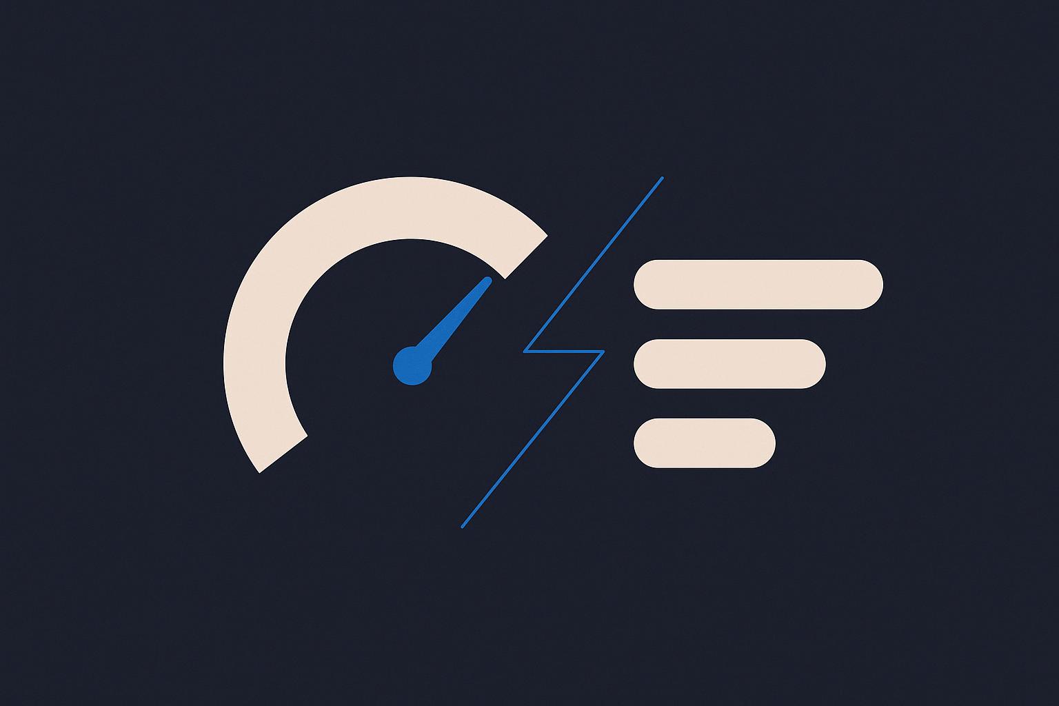Abstract review-scorecard illustration with a rating gauge, score bars and a lightning-bolt accent on a dark navy background