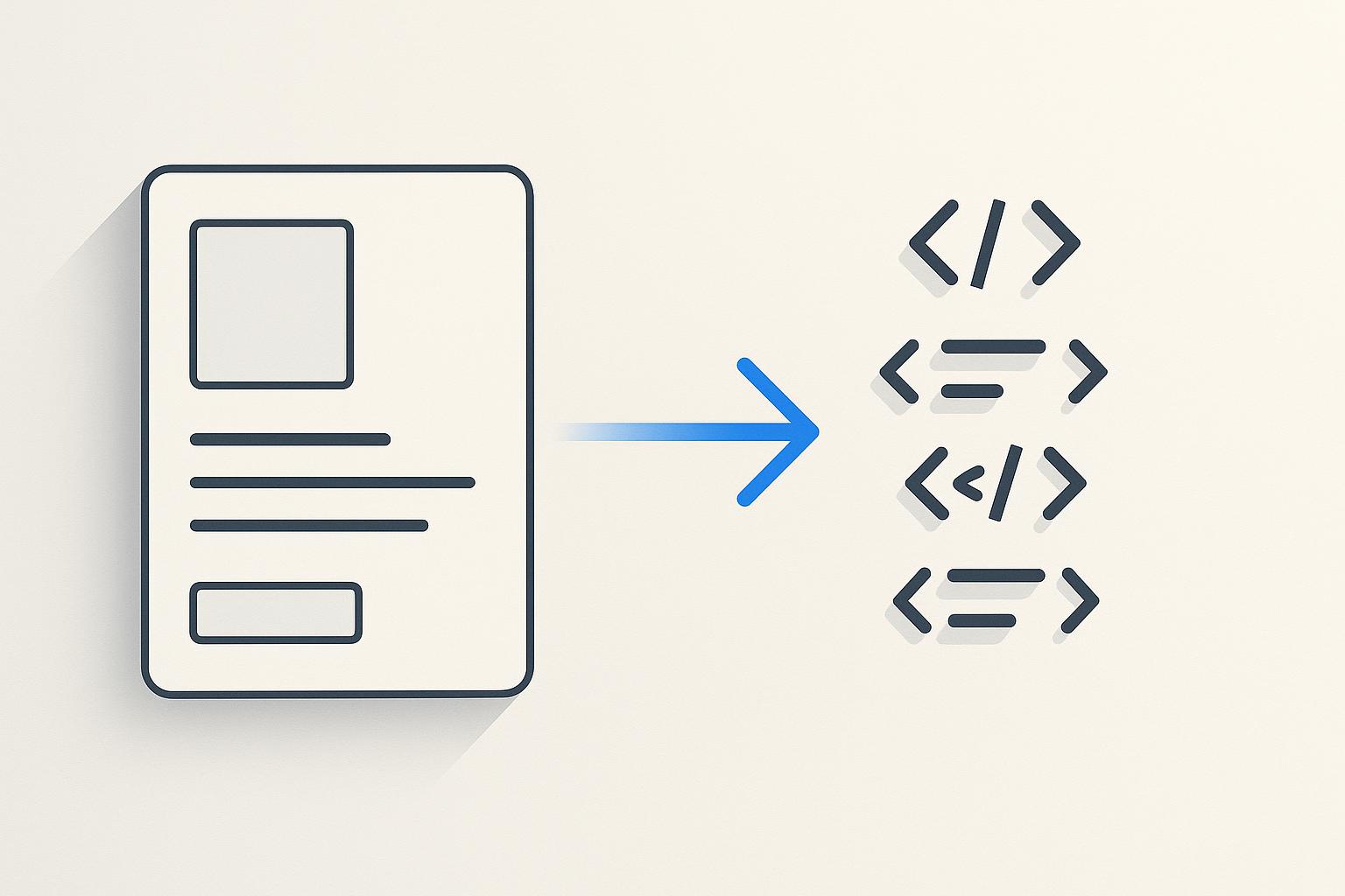 Minimalist illustration of a UI wireframe transforming into React code, representing a v0 by Vercel review.