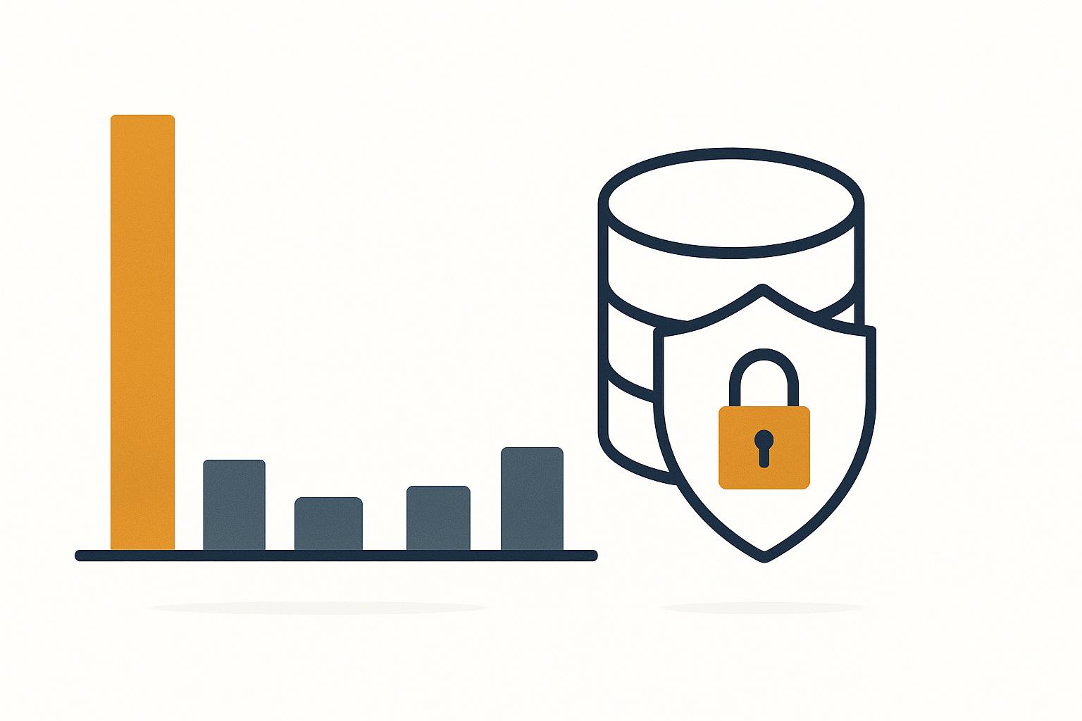 Minimalist chart showing a polarized two-peak review distribution beside a database and security shield icon