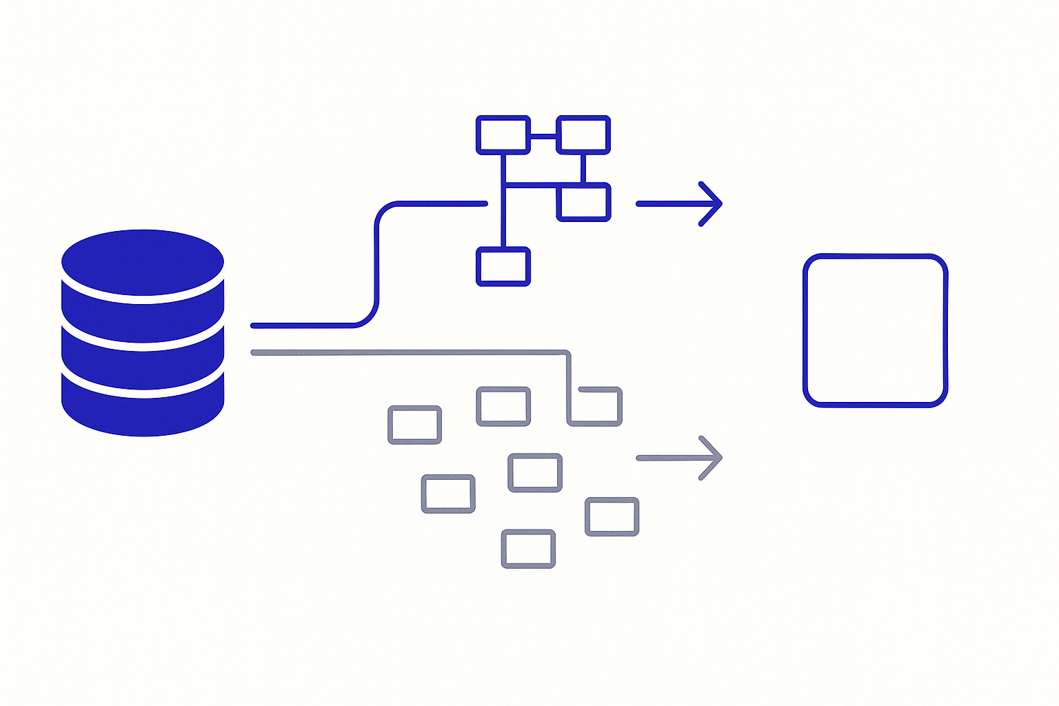 Flat illustration of a database splitting into two export paths: one keeping its schema and relations intact, the other scattering into disconnected rows.