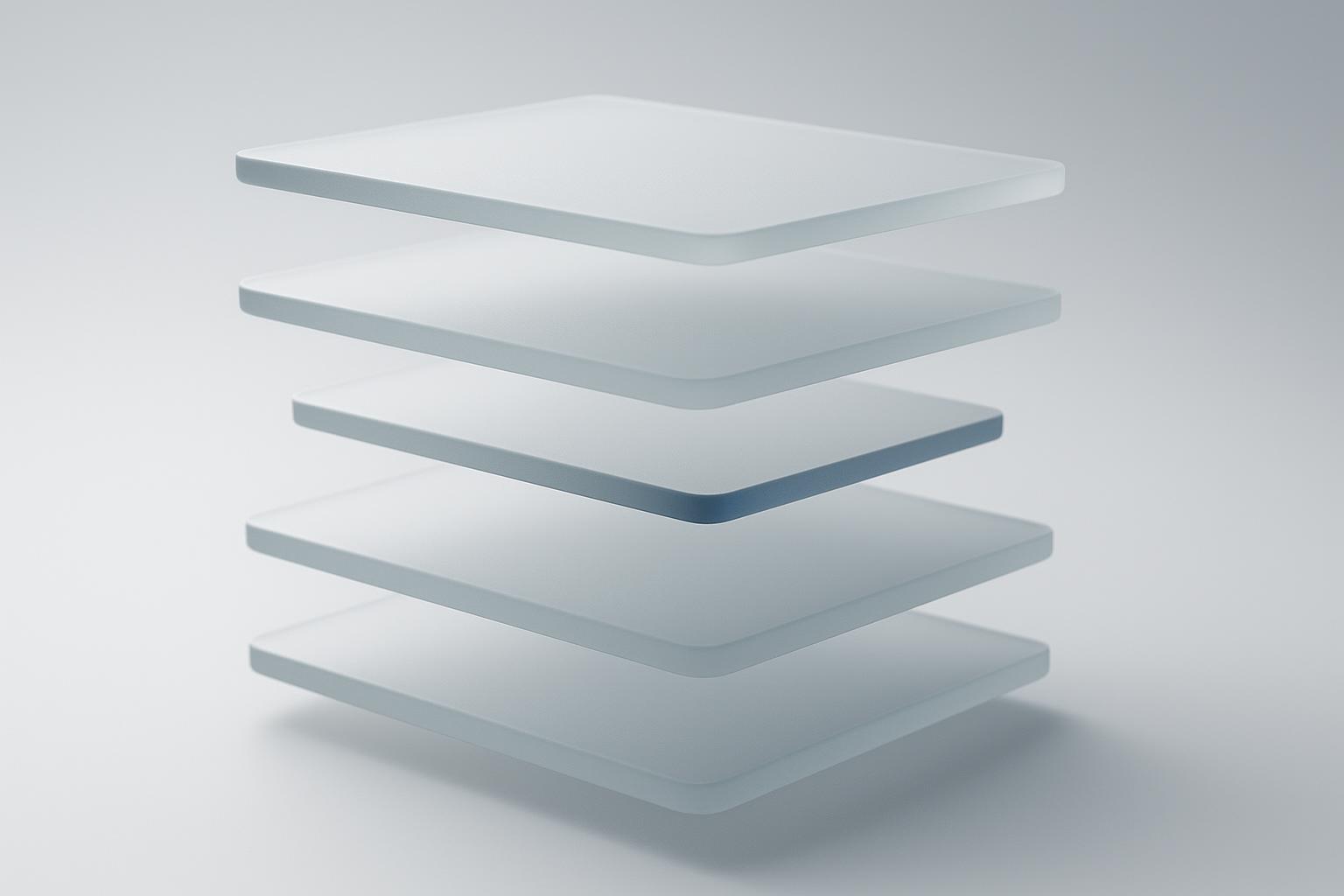 Five stacked translucent glass plates, the third one visibly narrower than the rest, forming a single bottleneck in the stack.