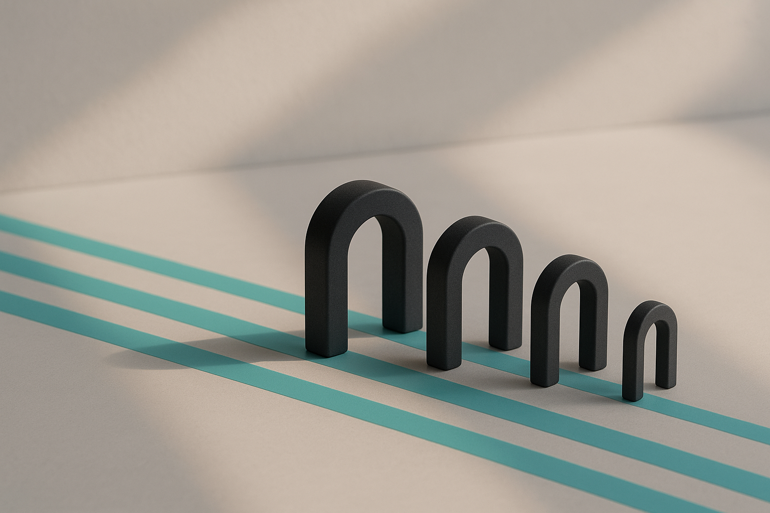 Four matte charcoal archways of descending size standing on a pale grey surface, each straddling one of four parallel teal light lanes running left to right.