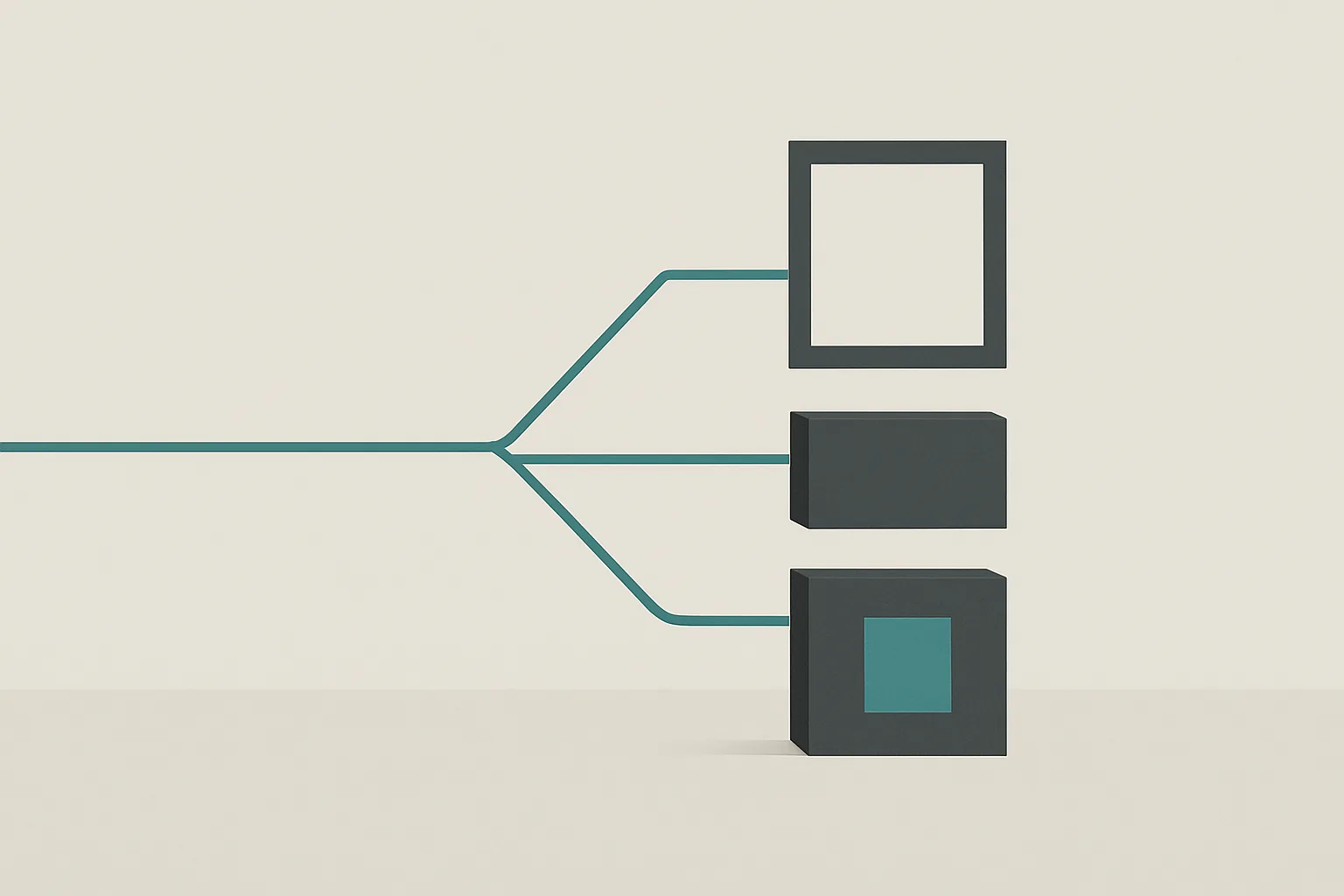 A single teal light line entering from the left and splitting into three lines, each ending at a different matte charcoal block on a pale grey surface: one hollow open frame, one solid block, and one solid block with a teal square inset.