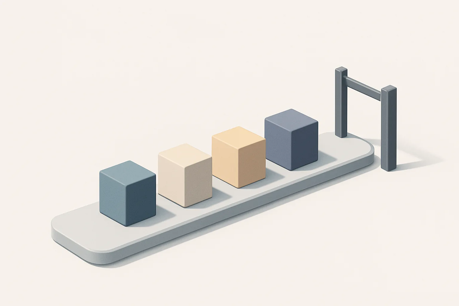 Isometric illustration of four coloured blocks moving along a conveyor and stopping at a closed barrier gate, representing an app build pipeline halting before the submit stage.