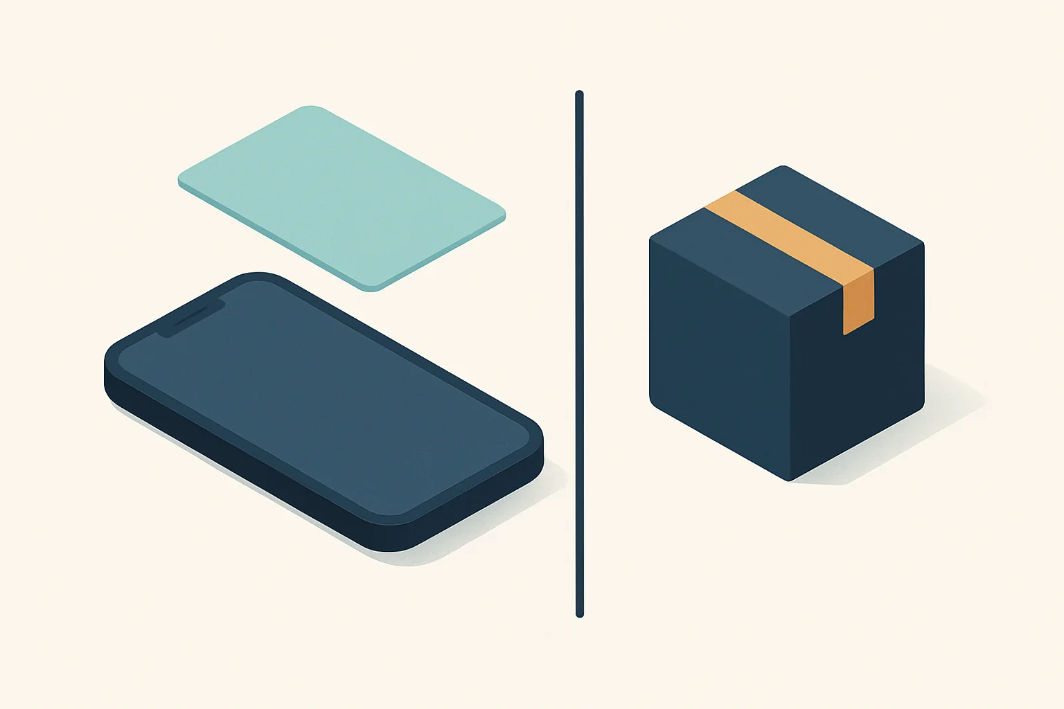 Flat illustration: a translucent layer lifting off a smartphone on one side of a dividing line, a sealed taped box waiting behind the line on the other