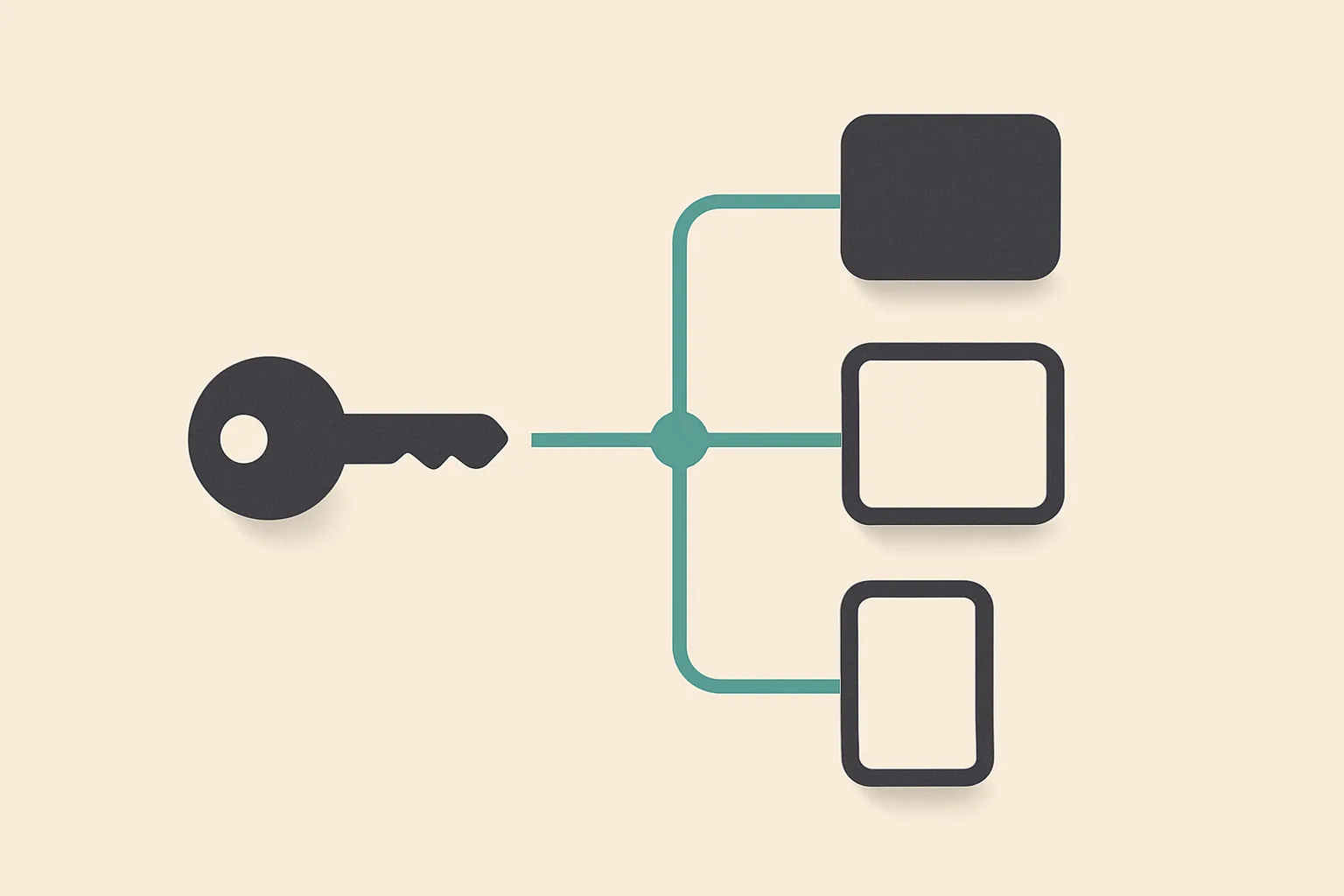 Flat illustration of a single charcoal key on a pale background, with one teal line running from it and branching at a junction dot into three lines that each end at a different rounded device shape.