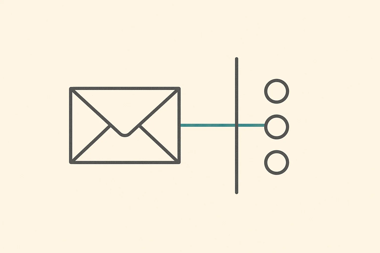 Flat illustration of a charcoal outline envelope on a pale background, with one teal line running right, crossing a vertical charcoal barrier, and reaching only one of three small circles while the other two stay unconnected.