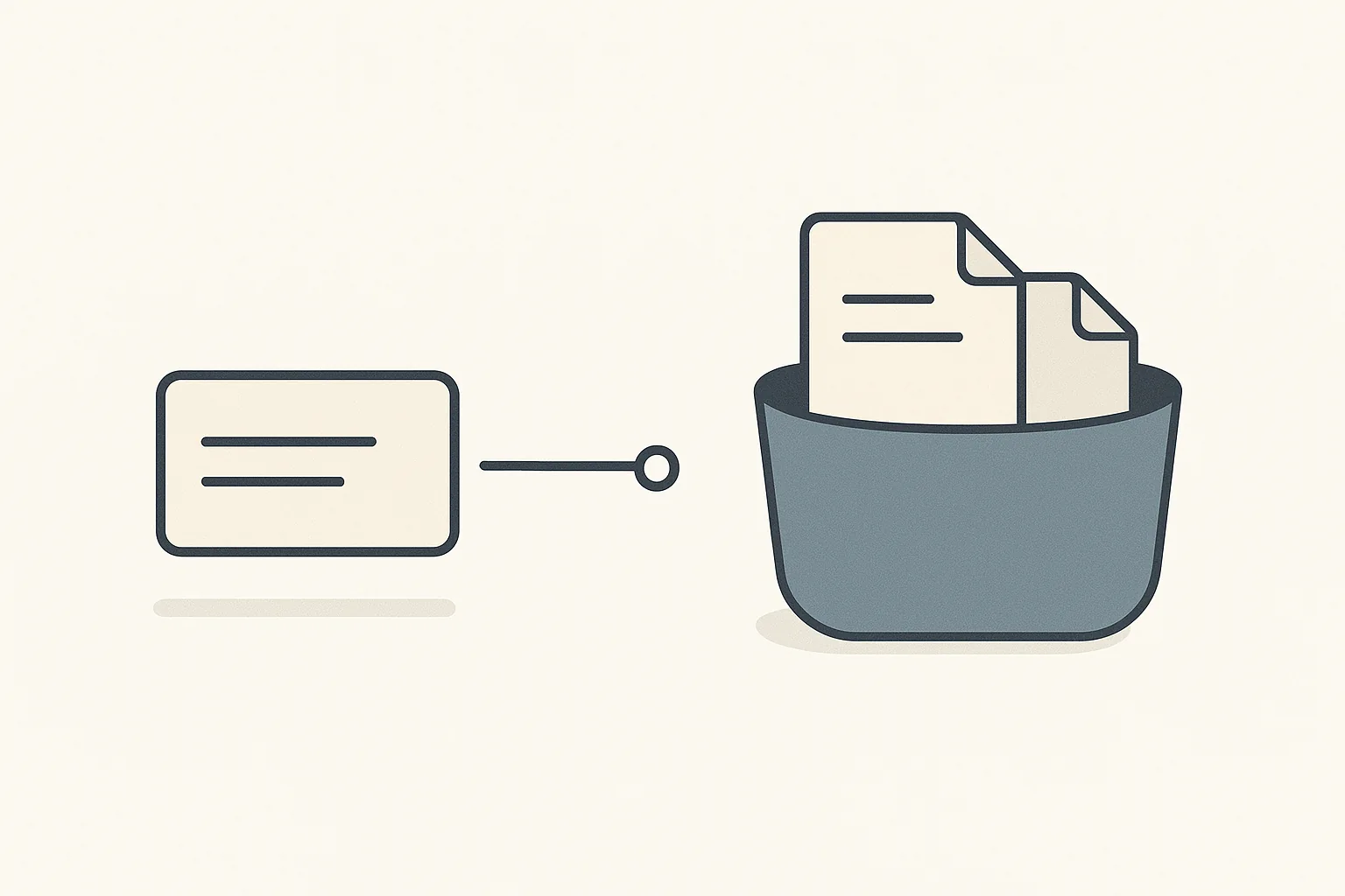 A database record card linked by a broken pointer to a separate storage bucket holding two documents