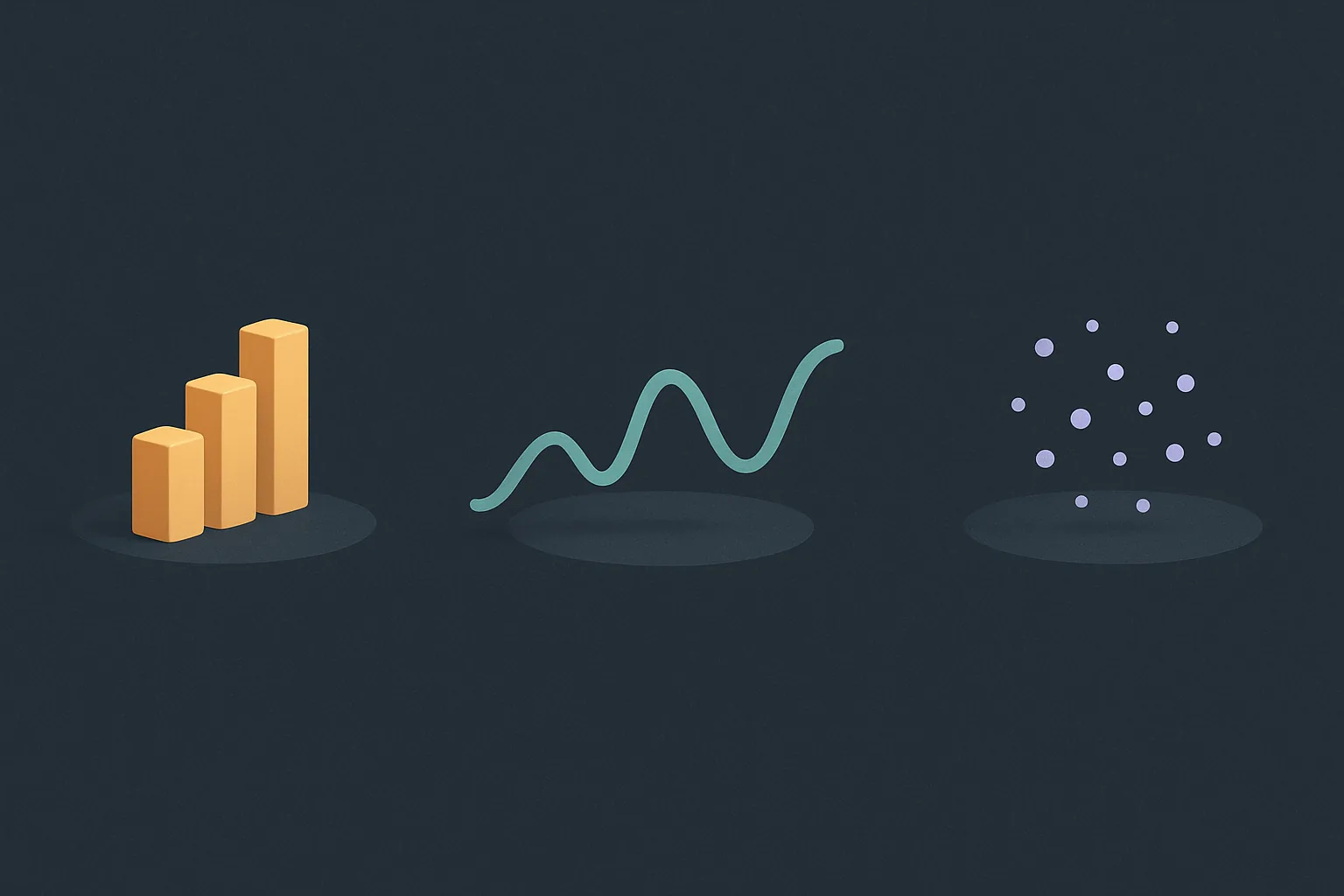 Three separate abstract measurement instruments on individual platforms, a bar chart, a line graph and a scatter cluster, representing three different products sold under the single word analytics