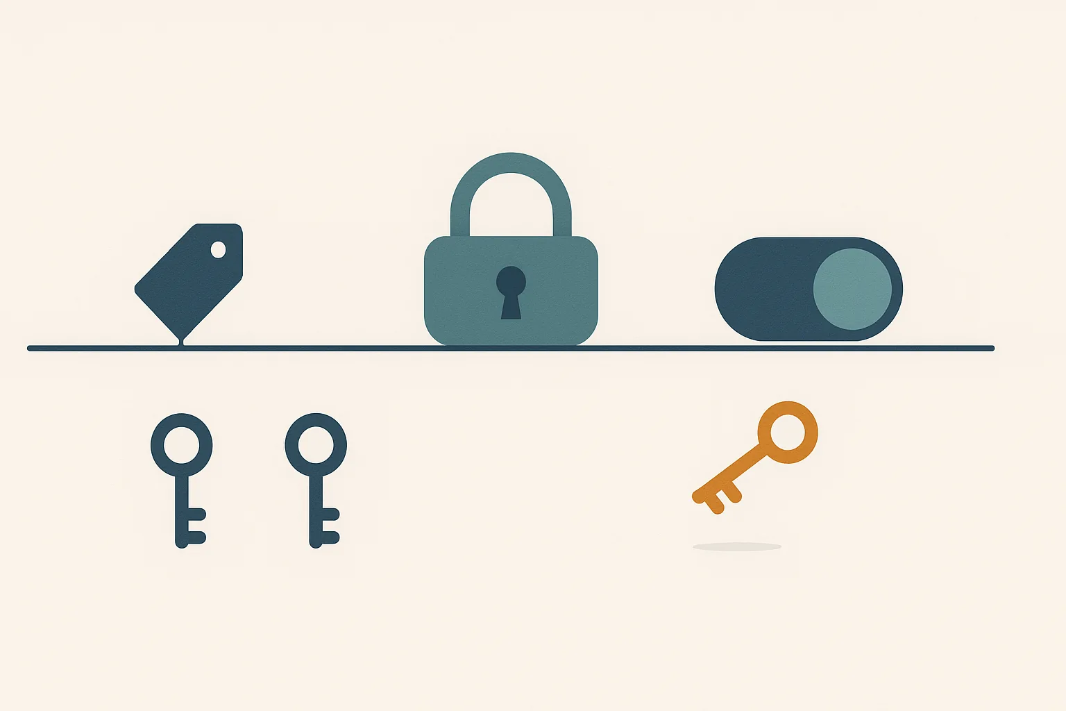 Three distinct abstract guarding mechanisms spaced along a single horizontal boundary line, a tag, a sealed padlock and a toggle switch, with two keys held safely below and one key drifting past the open toggle