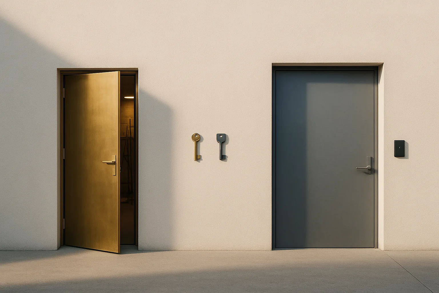 Two separate doors in one pale wall, a brass workshop door standing ajar and a closed steel public entrance, with two differently shaped keys hanging between them