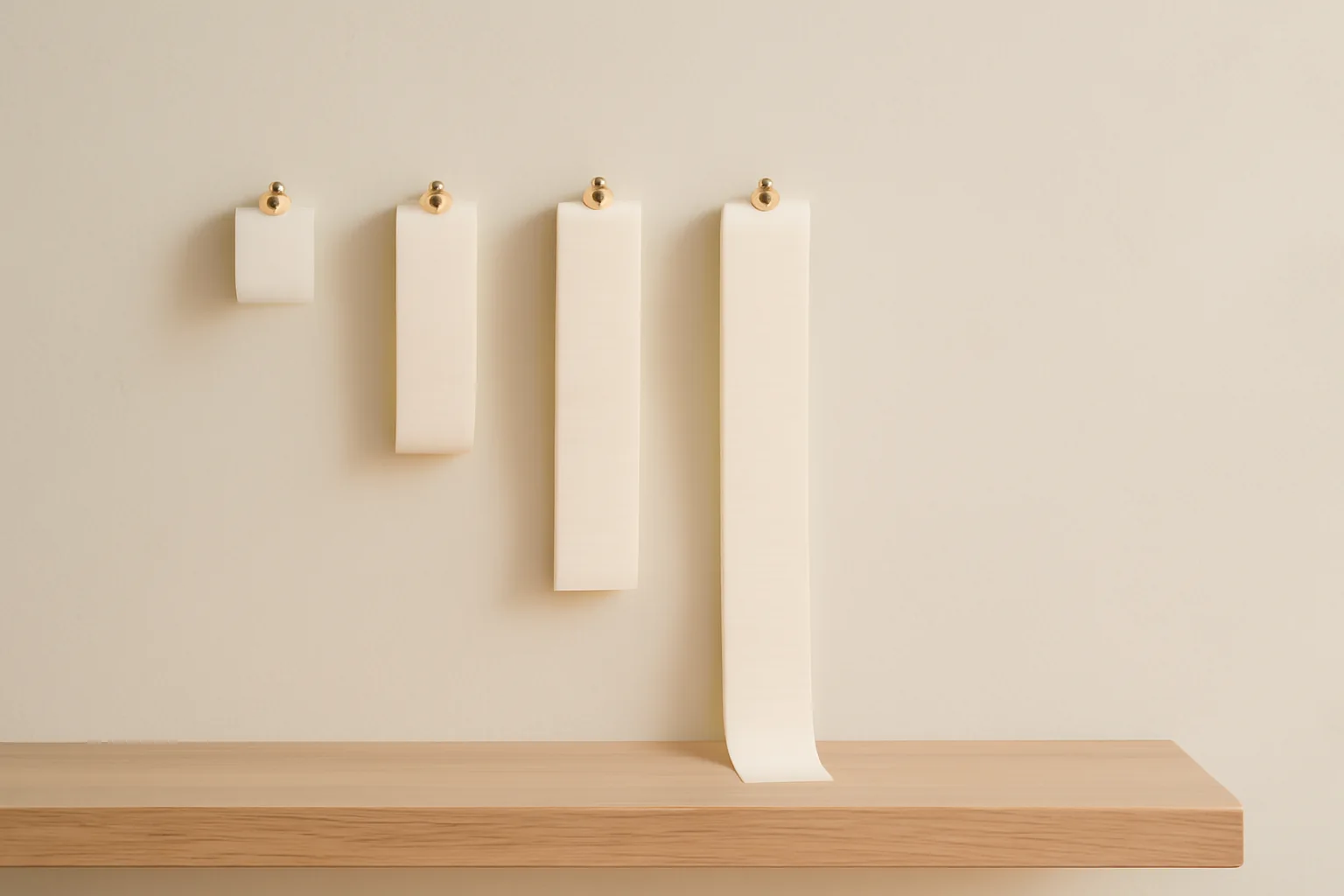 Four blank paper record tapes hanging from brass spindles on a pale wall, each unrolled to a different length, the shortest ending high and the longest reaching an oak shelf