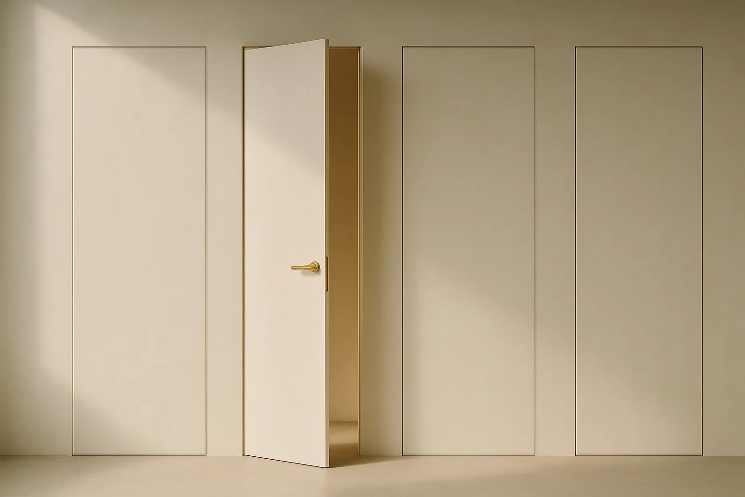 Four tall flush doors set into a pale plaster wall, three seamless with no handle at all and the second one standing slightly ajar on a brass lever with warm light behind it