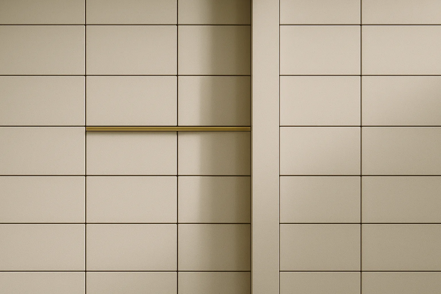 A pale grid of identical flush wall compartments, with a slim brass rail running across one group of three and stopping dead at a flush vertical partition that separates them from the compartments beyond