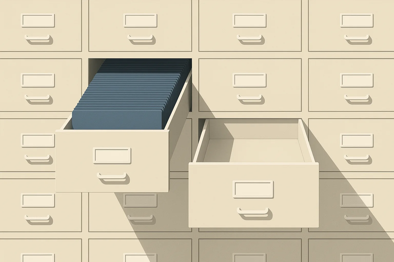 A grid of identical pale archival drawer fronts with two drawers open, one running deep and packed with slate-blue dividers, the other identical in front and revealed as a shallow empty tray