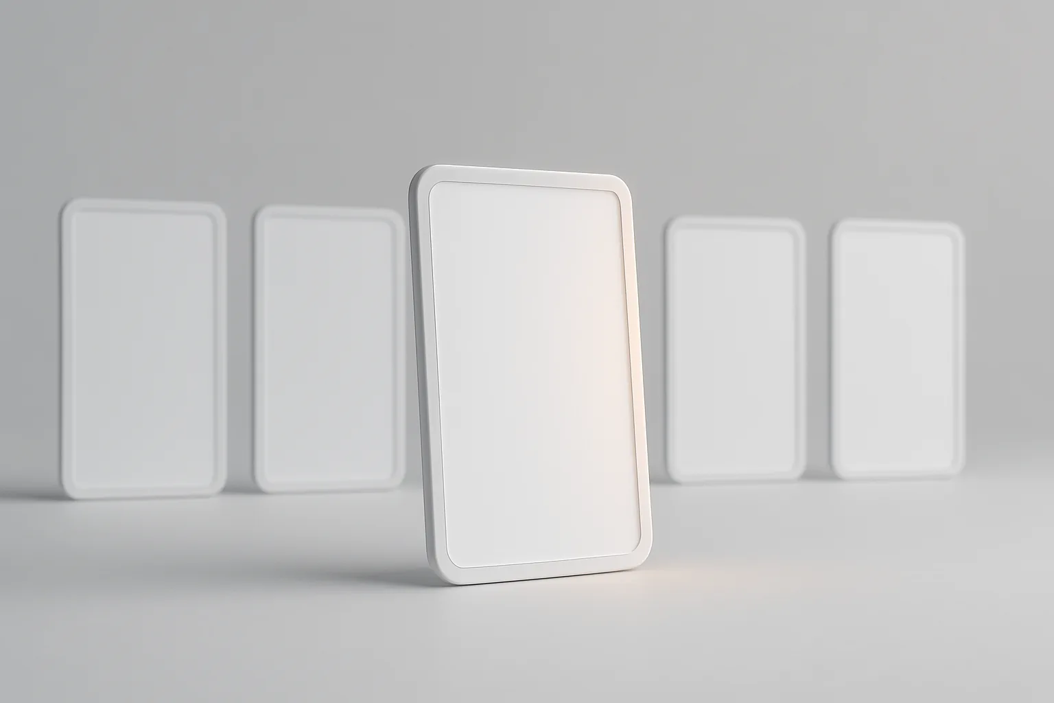 Five identical unbranded white app panels in a row on a light studio background, the middle one tilted forward and lit warmly.