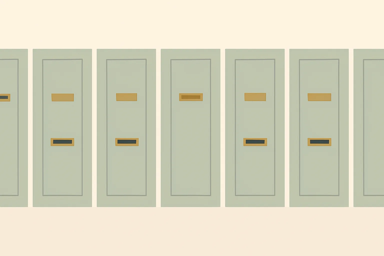 A flat elevation row of identical pale sage doors, each with a brass letterbox plate. Some plates are sealed flush with no opening, others are open to a dark void, and several doors carry two plates with the upper one sealed and the lower one open.