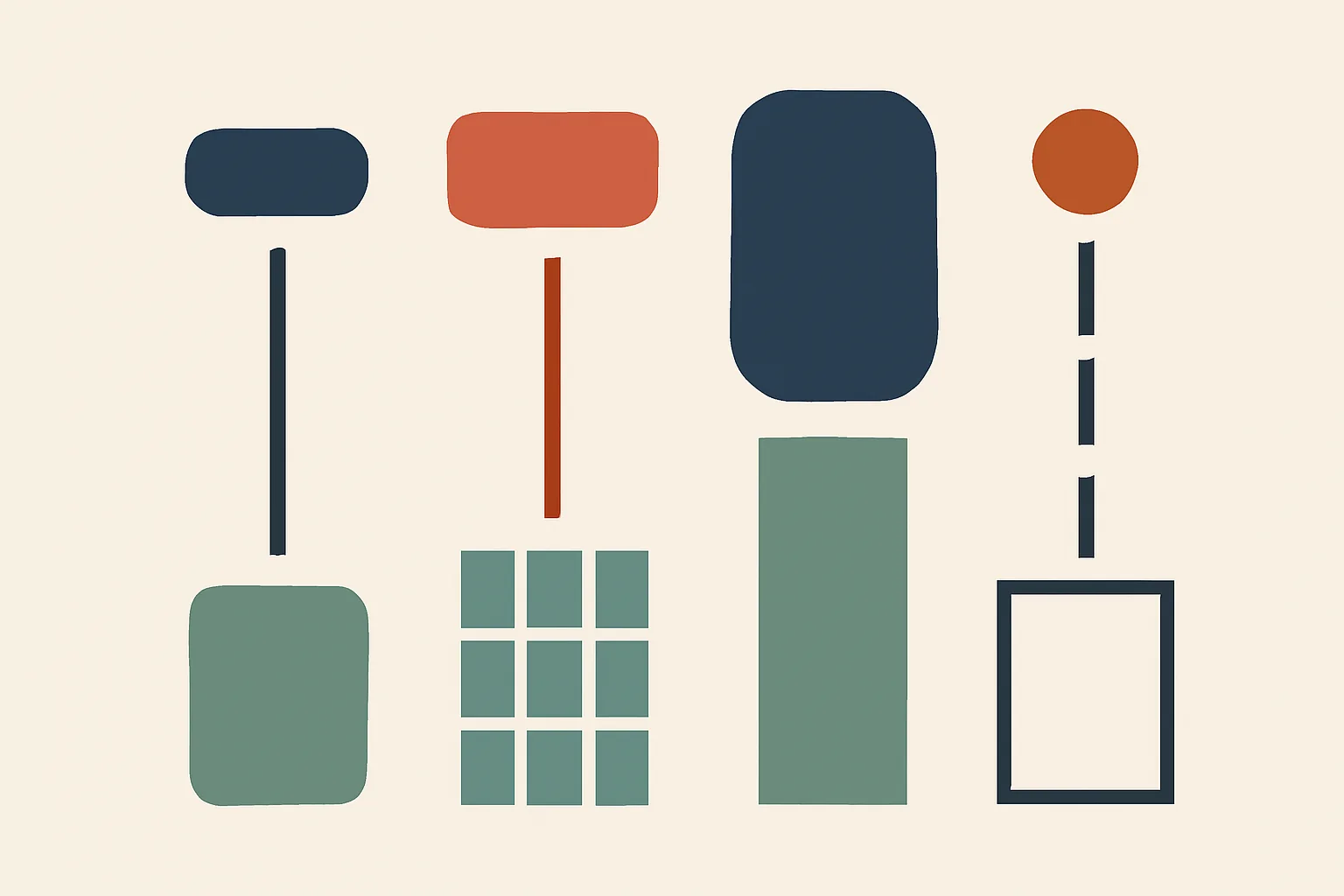 Flat minimal diagram on a light background showing four vertical lanes built only from rectangles, circles and lines, one lane per way an app can render a document. The fourth lane is a broken dashed line ending in an empty outlined rectangle.