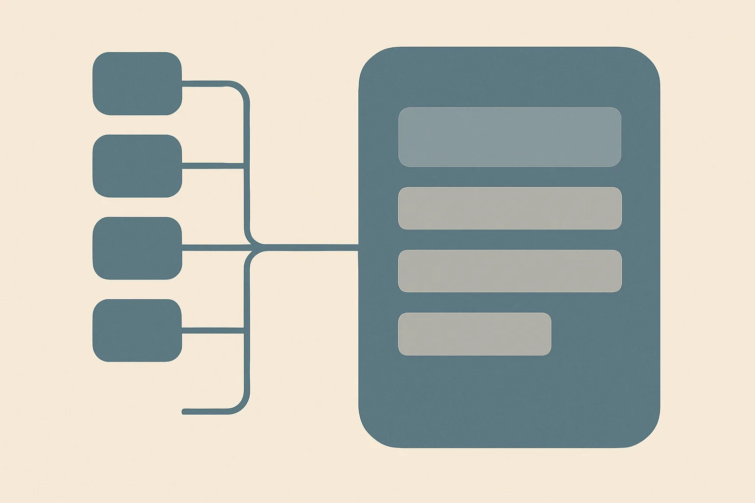 Flat schematic in muted slate blue on warm paper: four small rounded rectangles on the left joined by thin lines that converge into one large rounded rectangle on the right, two lines ending short of it, representing existing projects migrating into one AI app builder.